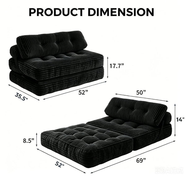 English Elm Folding Floor Sofa Bed Corded Fabric Convertible Lounge Chair for Studio Bedroom Black T6370P553890