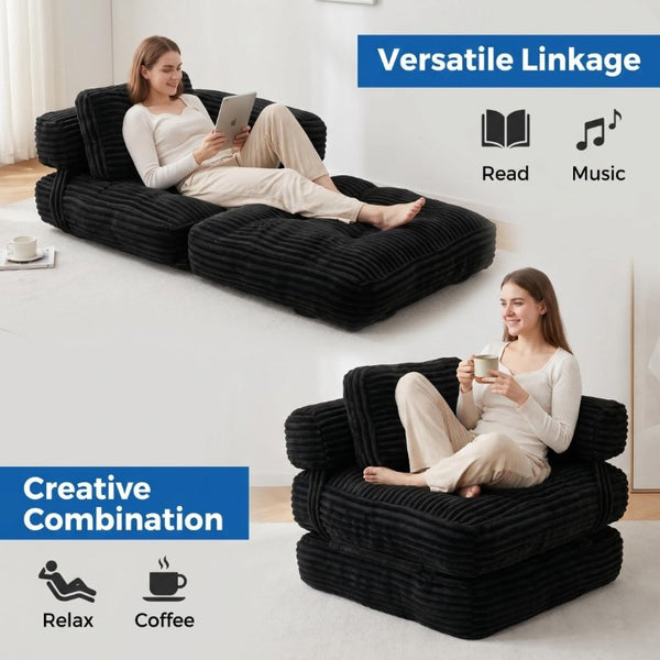 English Elm Boneless Corduroy Floor Sofa Convertible Lounge Chair Sleeper for Apartment Living Black T6370P553894