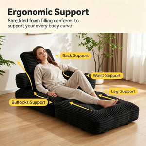 English Elm Boneless Corduroy Floor Sofa Convertible Lounge Chair Sleeper for Apartment Living Black T6370P553894