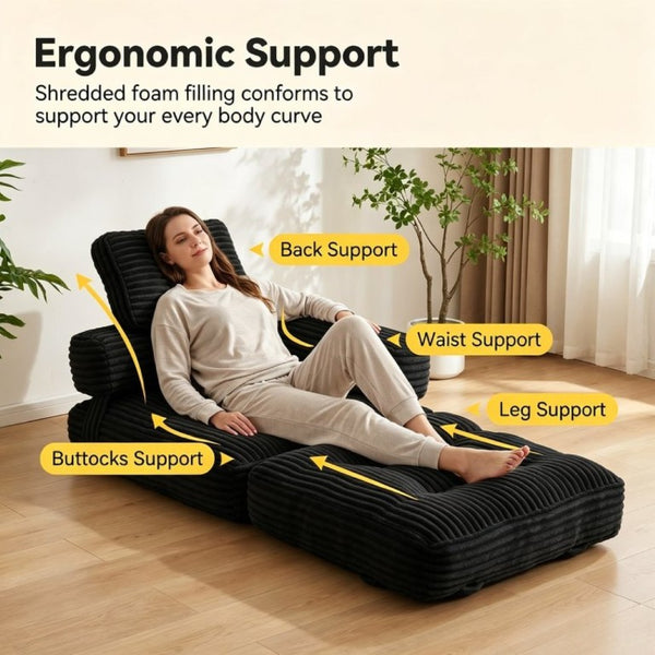 English Elm Boneless Corduroy Floor Sofa Convertible Lounge Chair Sleeper for Apartment Living Black T6370P553894