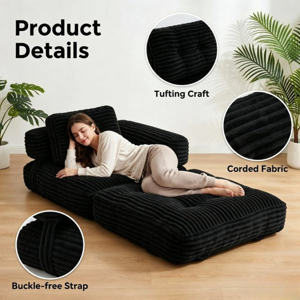 English Elm Boneless Corduroy Floor Sofa Convertible Lounge Chair Sleeper for Apartment Living Black T6370P553894