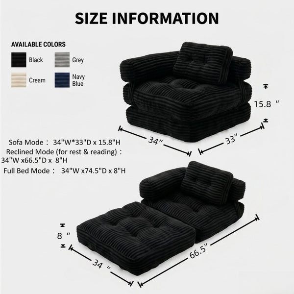 English Elm Boneless Corduroy Floor Sofa Convertible Lounge Chair Sleeper for Apartment Living Black T6370P553894