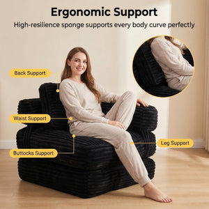 English Elm Boneless Corduroy Floor Sofa Convertible Lounge Chair Sleeper for Apartment Living Black T6370P553894