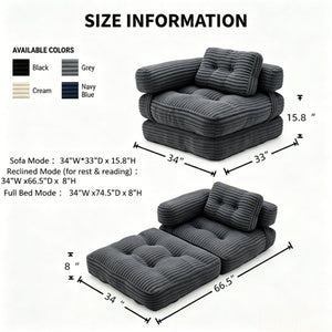 English Elm Boneless Corduroy Floor Sofa Convertible Lounge Chair Sleeper for Apartment Living Dark Grey T6370P553895