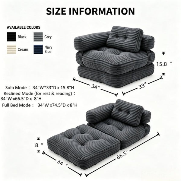English Elm Boneless Corduroy Floor Sofa Convertible Lounge Chair Sleeper for Apartment Living Dark Grey T6370P553895
