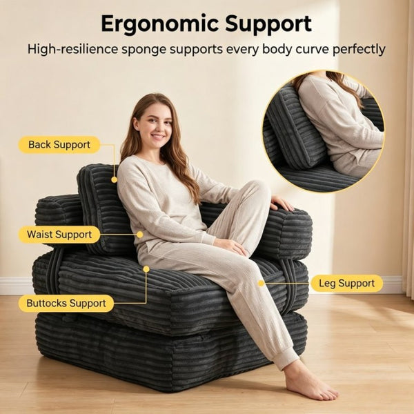 English Elm Boneless Corduroy Floor Sofa Convertible Lounge Chair Sleeper for Apartment Living Dark Grey T6370P553895