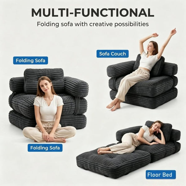 English Elm Boneless Corduroy Floor Sofa Convertible Lounge Chair Sleeper for Apartment Living Dark Grey T6370P553895