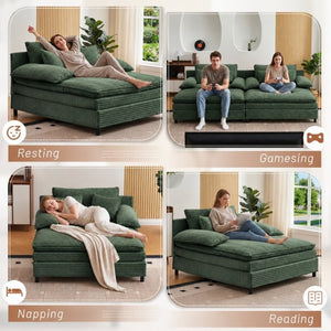 English Elm 55 Inch Oversized Corduroy Reclining Chaise with Adjustable Backrest and Sleeper Function T6370P587221