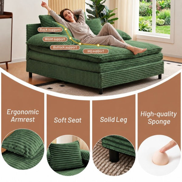 English Elm 55 Inch Oversized Corduroy Reclining Chaise with Adjustable Backrest and Sleeper Function T6370P587221