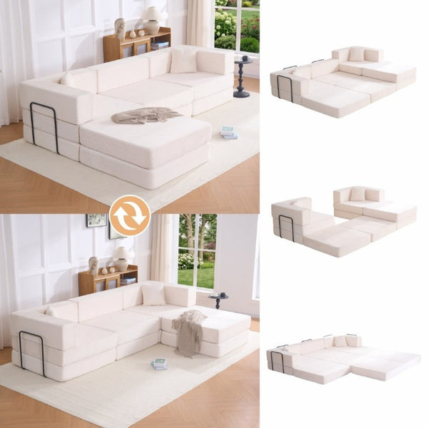 English Elm 118 Inch Corduroy Modular Sectional with Convertible Sleeper and Oversized Living Room Seating Beige T6370S00001