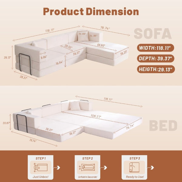 English Elm 118 Inch Corduroy Modular Sectional with Convertible Sleeper and Oversized Living Room Seating Beige T6370S00001