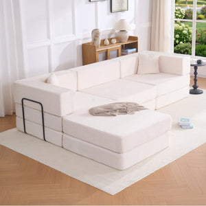 English Elm 118 Inch Corduroy Modular Sectional with Convertible Sleeper and Oversized Living Room Seating Beige T6370S00001