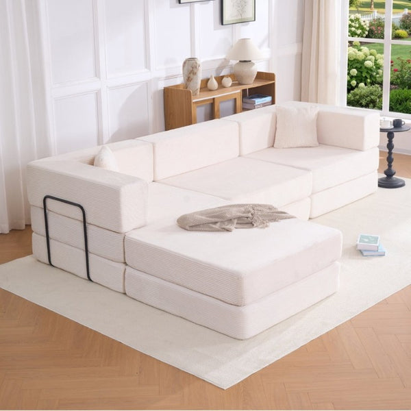English Elm 118 Inch Corduroy Modular Sectional with Convertible Sleeper and Oversized Living Room Seating Beige T6370S00001