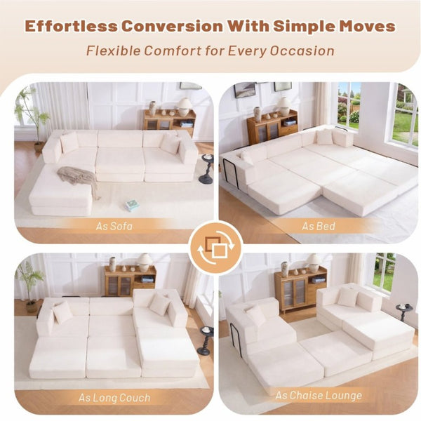 English Elm 118 Inch Corduroy Modular Sectional with Convertible Sleeper and Oversized Living Room Seating Beige T6370S00001