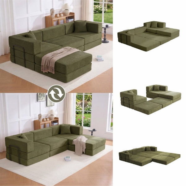 English Elm 118 Inch Corduroy Modular Sectional with Convertible Sleeper and Oversized Living Room Seating Green T6370S00002
