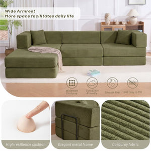 English Elm 118 Inch Corduroy Modular Sectional with Convertible Sleeper and Oversized Living Room Seating Green T6370S00002