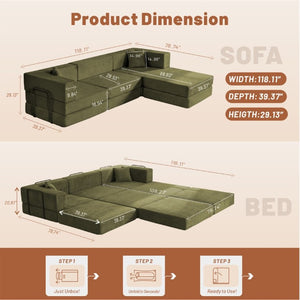 English Elm 118 Inch Corduroy Modular Sectional with Convertible Sleeper and Oversized Living Room Seating Green T6370S00002