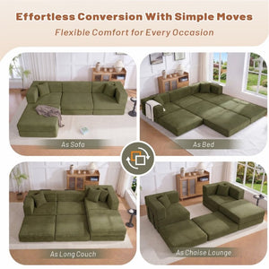 English Elm 118 Inch Corduroy Modular Sectional with Convertible Sleeper and Oversized Living Room Seating Green T6370S00002