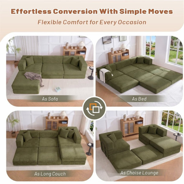 English Elm 118 Inch Corduroy Modular Sectional with Convertible Sleeper and Oversized Living Room Seating Green T6370S00002
