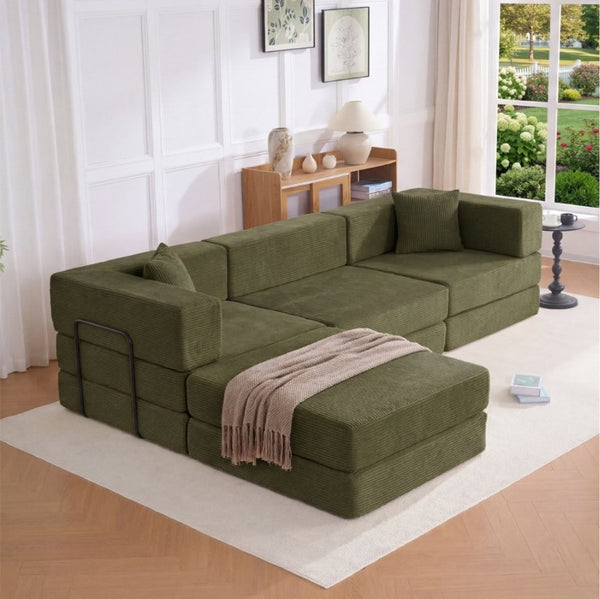 English Elm 118 Inch Corduroy Modular Sectional with Convertible Sleeper and Oversized Living Room Seating Green T6370S00002