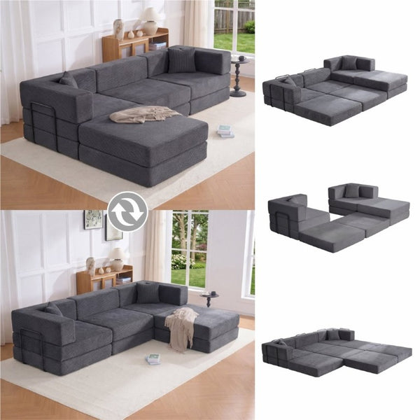 English Elm 118 Inch Corduroy Modular Sectional with Convertible Sleeper and Oversized Living Room Seating Grey T6370S00003