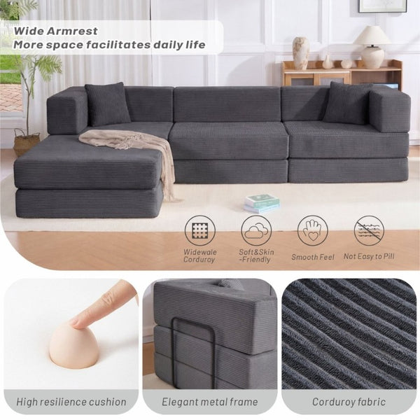 English Elm 118 Inch Corduroy Modular Sectional with Convertible Sleeper and Oversized Living Room Seating Grey T6370S00003