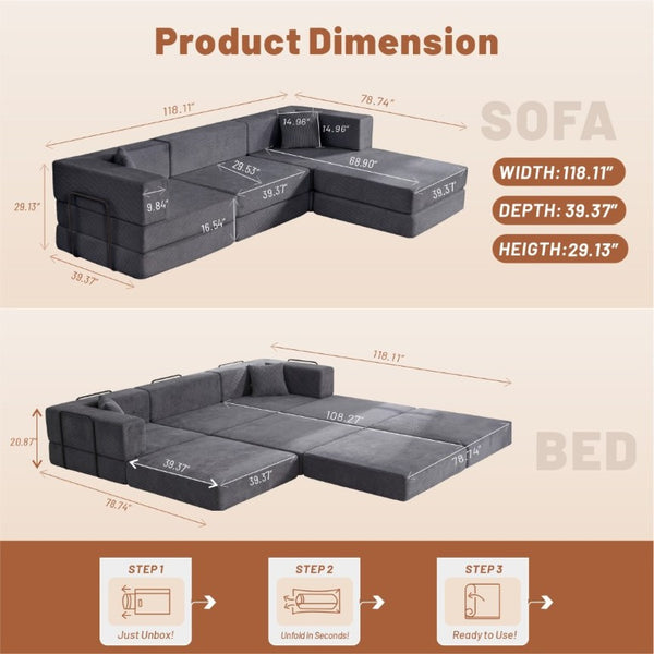 English Elm 118 Inch Corduroy Modular Sectional with Convertible Sleeper and Oversized Living Room Seating Grey T6370S00003