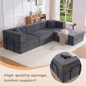 English Elm 118 Inch Corduroy Modular Sectional with Convertible Sleeper and Oversized Living Room Seating Grey T6370S00003