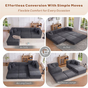 English Elm 118 Inch Corduroy Modular Sectional with Convertible Sleeper and Oversized Living Room Seating Grey T6370S00003