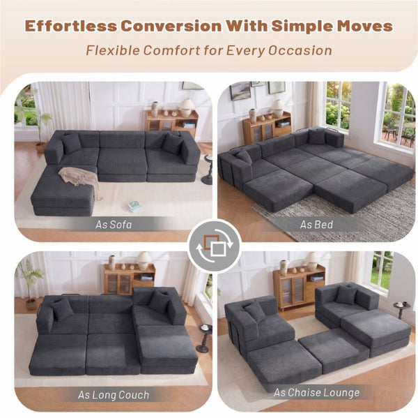 English Elm 118 Inch Corduroy Modular Sectional with Convertible Sleeper and Oversized Living Room Seating Grey T6370S00003