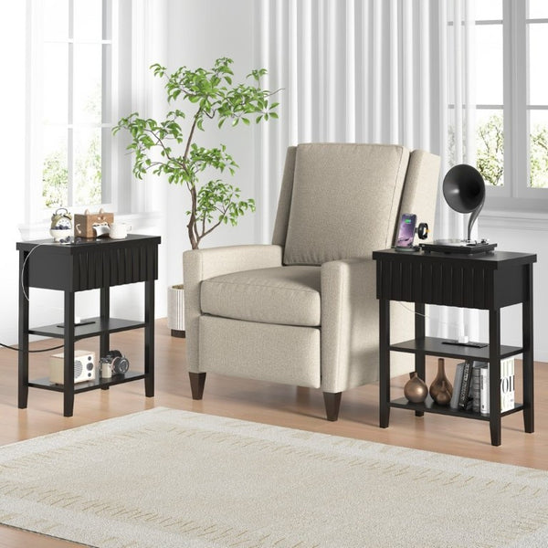 English Elm Fluted Farmhouse Nightstand Set with Charging Station Open Shelves and Drawer Storage Black T6372P547410