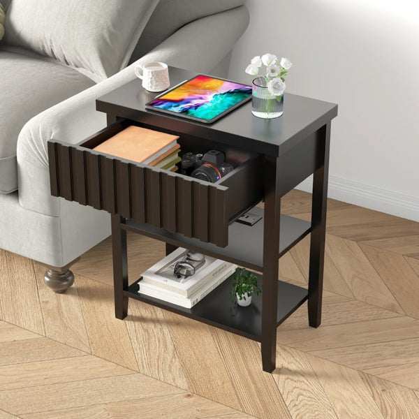 English Elm Fluted Farmhouse Nightstand Set with Charging Station Open Shelves and Drawer Storage Black T6372P547410