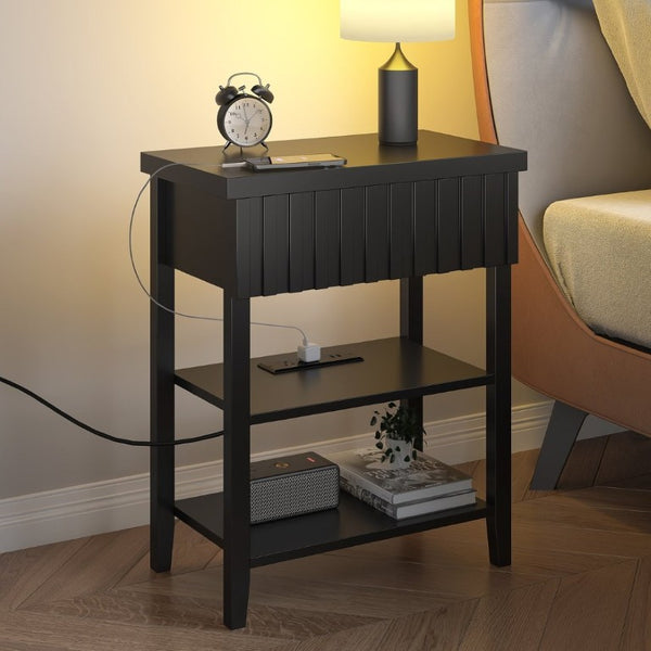English Elm Fluted Farmhouse Nightstand Set with Charging Station Open Shelves and Drawer Storage Black T6372P547410