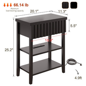 English Elm Fluted Farmhouse Nightstand Set with Charging Station Open Shelves and Drawer Storage Black T6372P547410