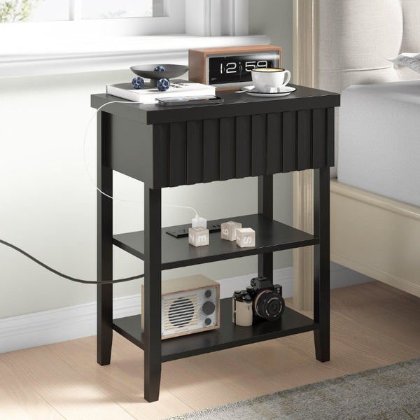 English Elm Fluted Farmhouse Nightstand Set with Charging Station Open Shelves and Drawer Storage Black T6372P547410