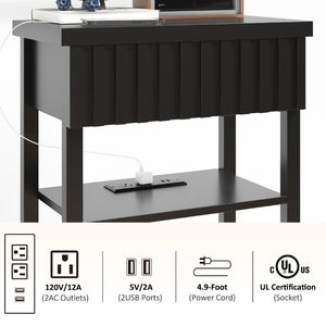 English Elm Fluted Farmhouse Nightstand Set with Charging Station Open Shelves and Drawer Storage Black T6372P547410