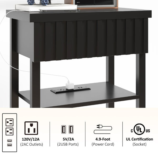 English Elm Fluted Farmhouse Nightstand Set with Charging Station Open Shelves and Drawer Storage Black T6372P547410