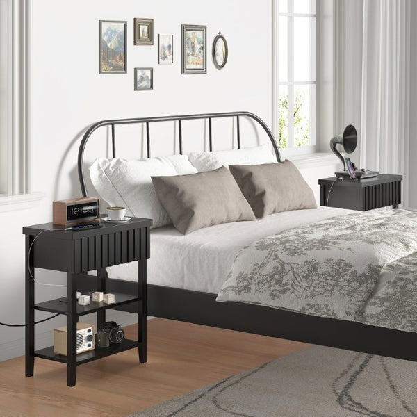 English Elm Fluted Farmhouse Nightstand Set with Charging Station Open Shelves and Drawer Storage Black T6372P547410