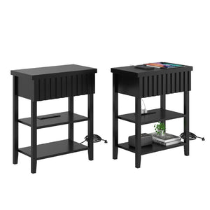 English Elm Fluted Farmhouse Nightstand Set with Charging Station Open Shelves and Drawer Storage Black T6372P547410