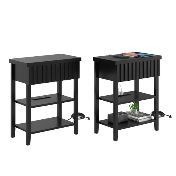 English Elm Fluted Farmhouse Nightstand Set with Charging Station Open Shelves and Drawer Storage Black T6372P547410