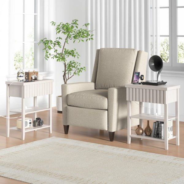 English Elm Fluted Farmhouse Nightstand Set with Charging Station Open Shelves and Drawer Storage Beige T6372P547412
