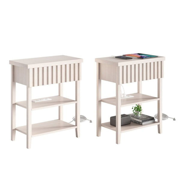 English Elm Fluted Farmhouse Nightstand Set with Charging Station Open Shelves and Drawer Storage Beige T6372P547412