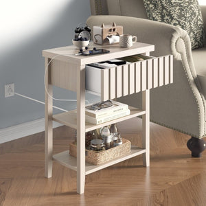 English Elm Fluted Farmhouse Nightstand Set with Charging Station Open Shelves and Drawer Storage Beige T6372P547412