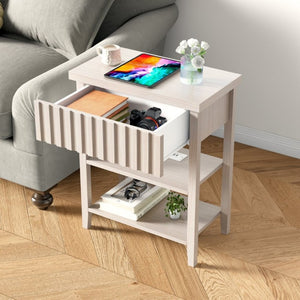 English Elm Fluted Farmhouse Nightstand Set with Charging Station Open Shelves and Drawer Storage Beige T6372P547412