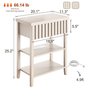 English Elm Fluted Farmhouse Nightstand Set with Charging Station Open Shelves and Drawer Storage Beige T6372P547412