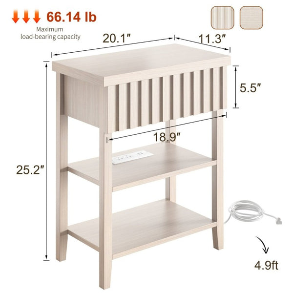English Elm Fluted Farmhouse Nightstand Set with Charging Station Open Shelves and Drawer Storage Beige T6372P547412