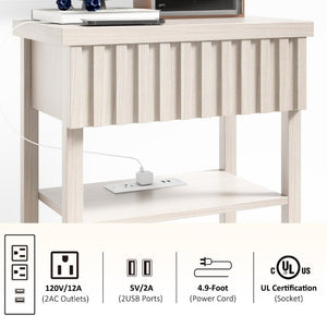 English Elm Fluted Farmhouse Nightstand Set with Charging Station Open Shelves and Drawer Storage Beige T6372P547412