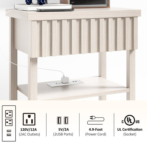English Elm Fluted Farmhouse Nightstand Set with Charging Station Open Shelves and Drawer Storage Beige T6372P547412