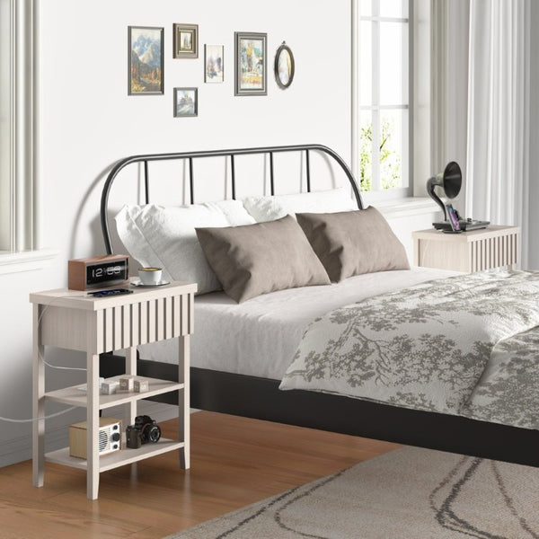 English Elm Fluted Farmhouse Nightstand Set with Charging Station Open Shelves and Drawer Storage Beige T6372P547412