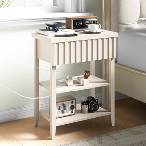 English Elm Fluted Farmhouse Nightstand Set with Charging Station Open Shelves and Drawer Storage Beige T6372P547412